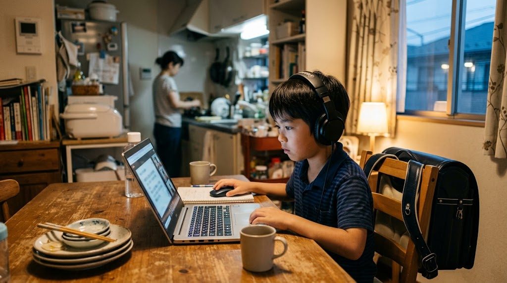 平日の夕方、自宅のダイニングでノートパソコンを開いてオンライン授業に参加する日本の小学生