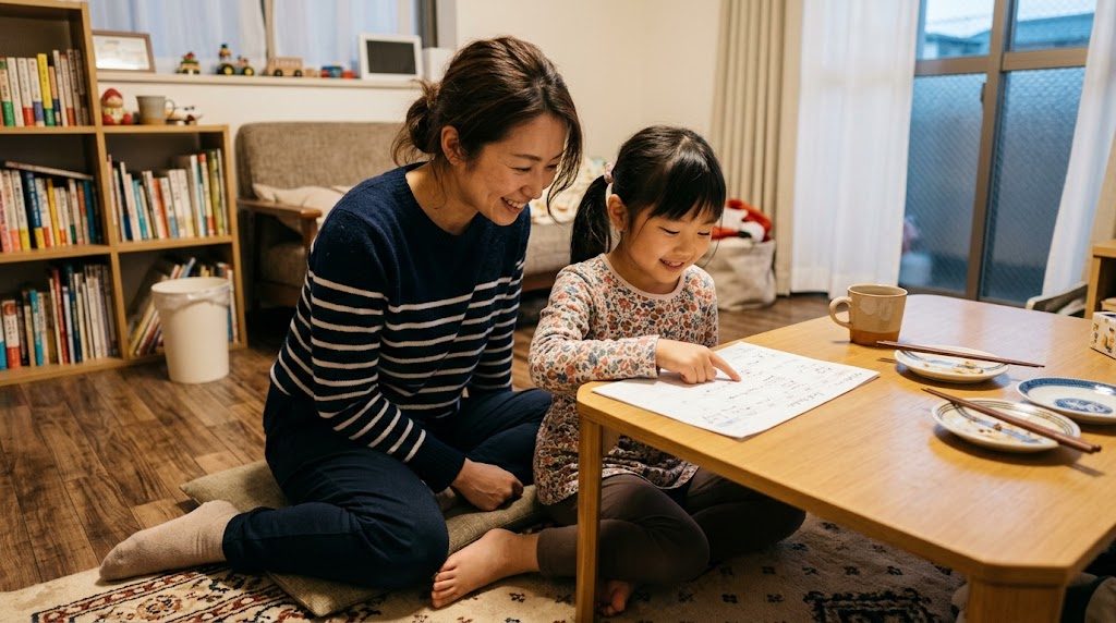 夕食後のリビングで、来週の予定を子どもと一緒に確認する共働きの日本の親子
