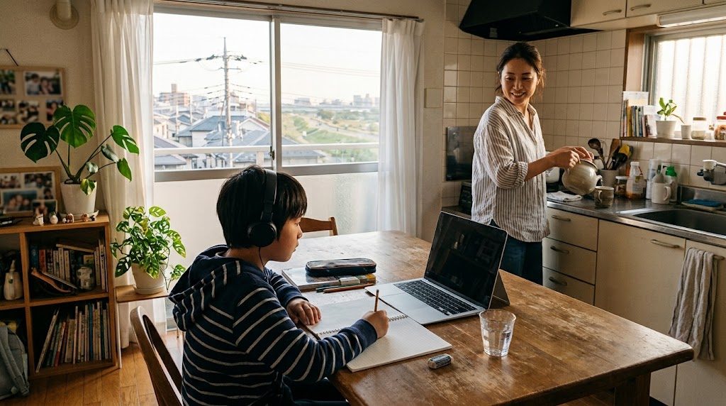 江戸川区の自宅のリビングで、子どもがノートパソコンでオンライン授業を受け、そばで母親が穏やかに見守る様子