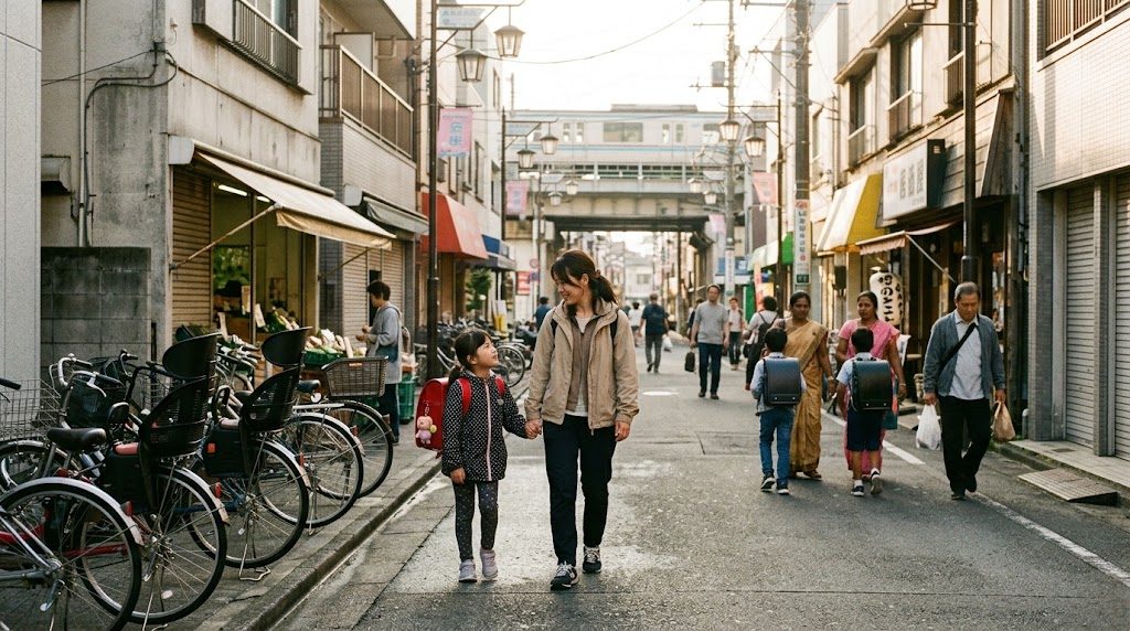朝の江戸川区・西葛西の商店街を、通学かばんを持った子どもと親が並んで歩く様子