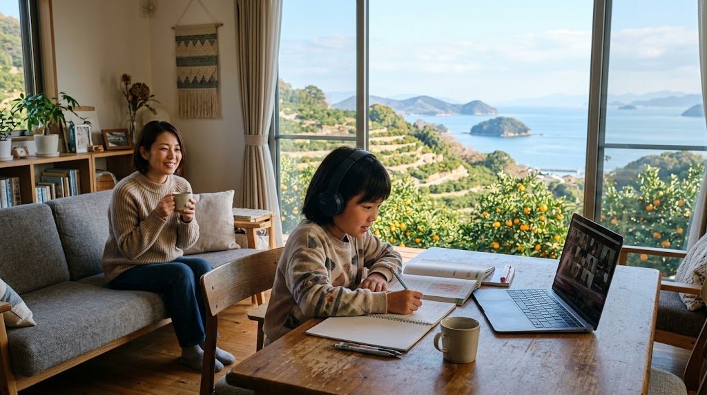 瀬戸内海とみかん畑が見える愛媛の自宅リビングで、子どもがノートパソコンでオンライン授業を受け、そばで母親が穏やかに見守る様子