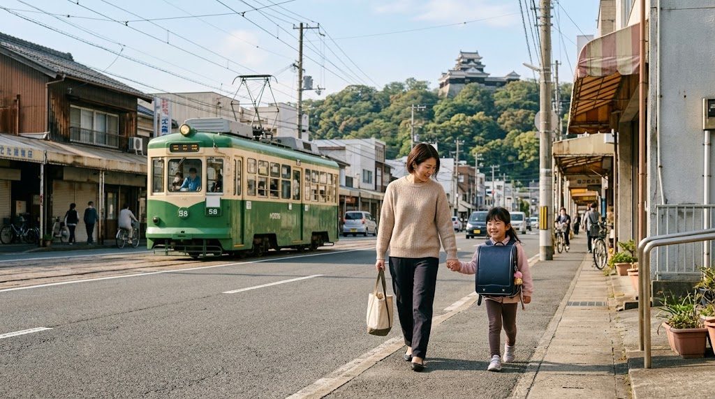 松山城を望む路面電車の走る通りを、通学かばんを背負った子どもと母親が手をつないで歩く朝の風景