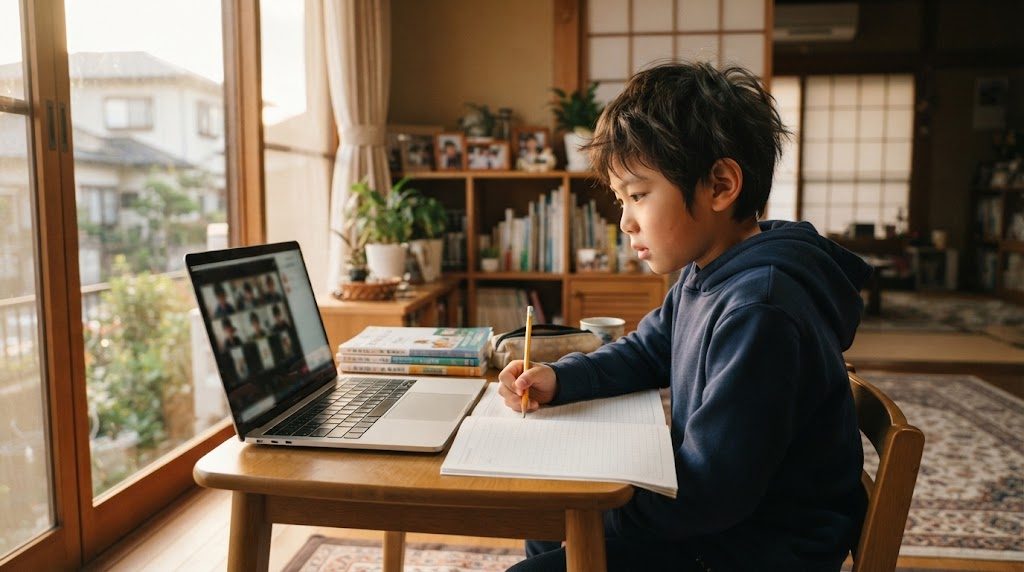 日本の家庭のリビングで小学生の子どもがノートパソコンに向かい、オンラインで英語の授業を受けている温かい情景