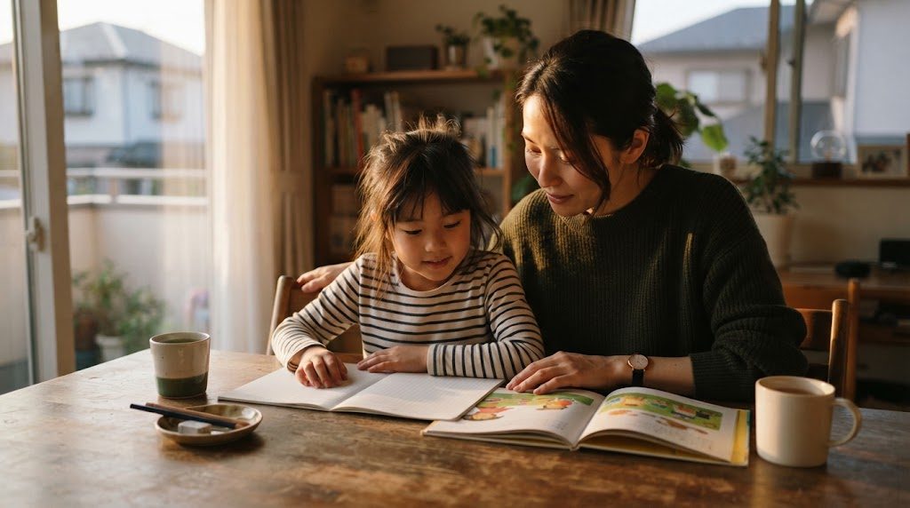 放課後のダイニングテーブルで、親子が英語の教材やノートを一緒にのぞき込みながら穏やかに話している情景
