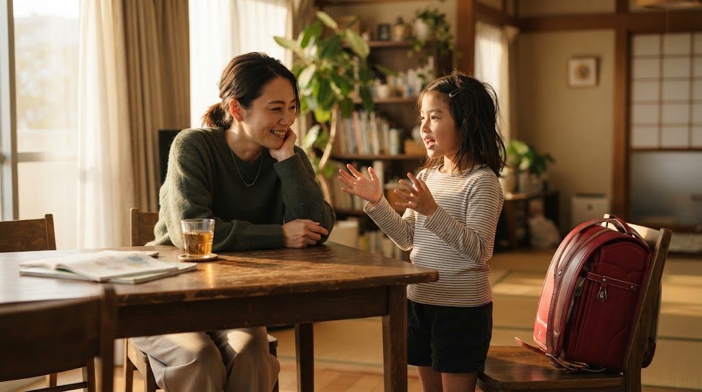 放課後のダイニングテーブルで小学生の子どもの話を聞く日本の母親