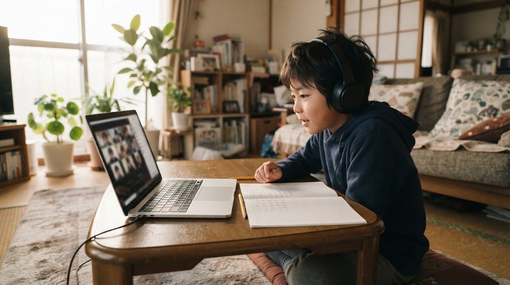 日本の自宅のリビングでヘッドセットをつけノートパソコンでオンライン授業を受ける小学生