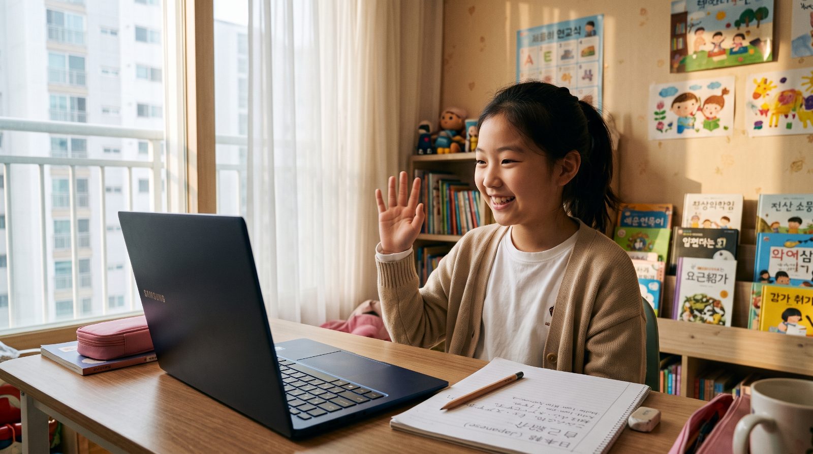 ダイニングテーブルで学童のパンフレットと家計簿を並べ、電卓をたたく日本の母親