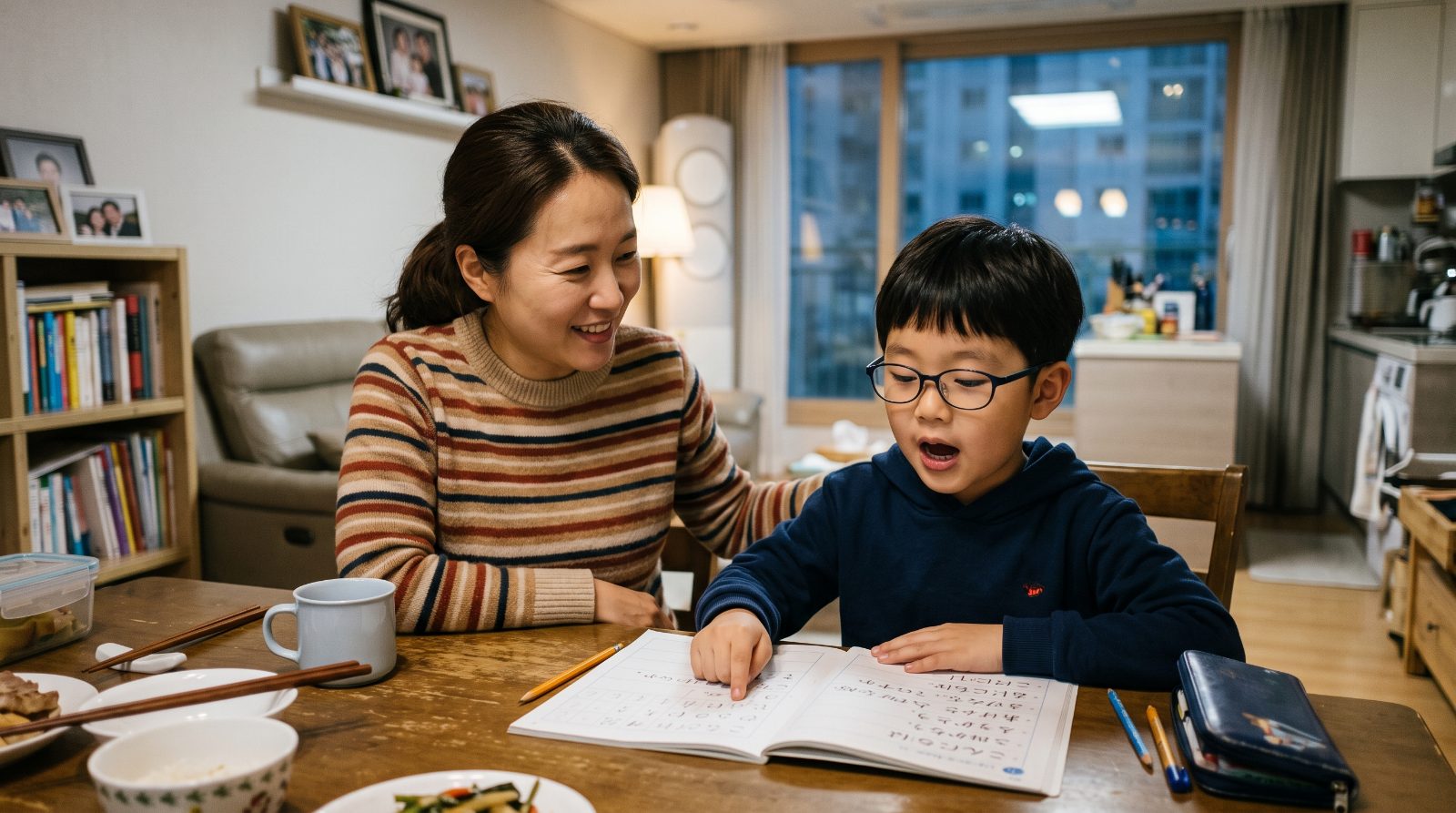 夕方のリビングで、子どもの学びについて話し合う日本の親子
