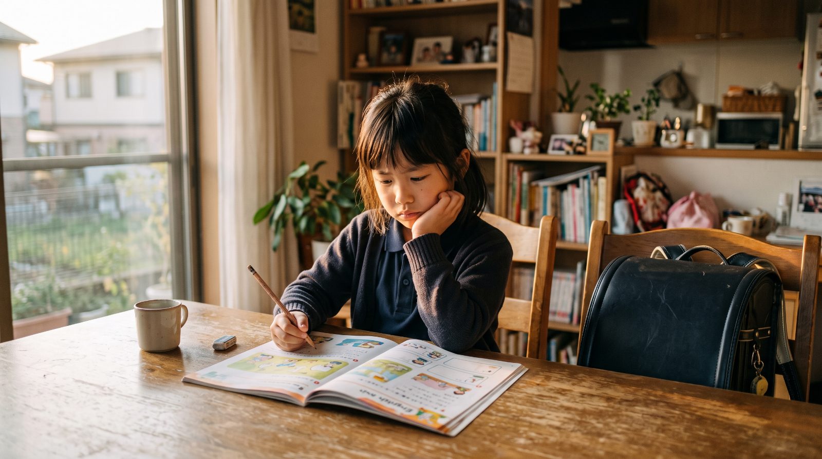 放課後に自宅のテーブルで英語のワークブックを開き、考え込む日本の小学生