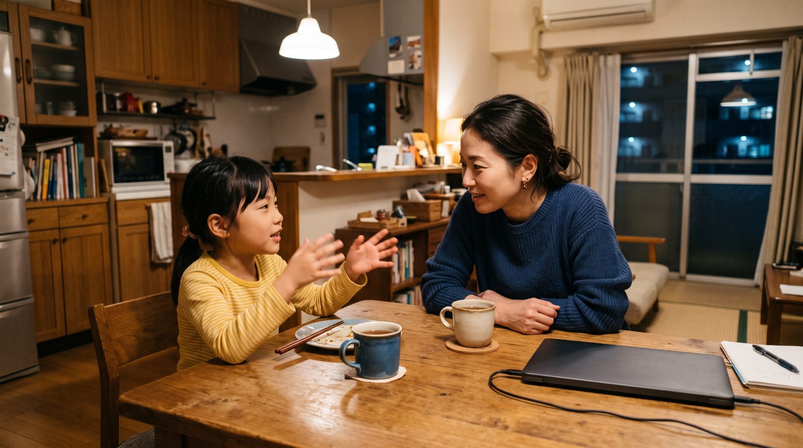 ダイニングテーブルで子どもの話を聞きながら放課後の過ごし方を相談する日本の親子
