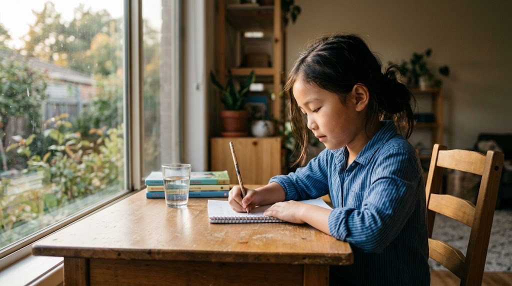 A primary-school-aged child at a desk holding a pencil, working through a task with quiet concentration