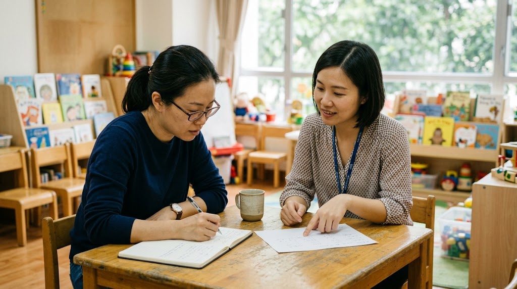 A teacher and a parent sitting side by side at a classroom table, looking at the same paperwork and discussing a child's progress
