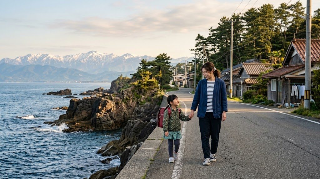 日本海に面した福井県の海沿いの道を、通学かばんを背負った子どもと母親が手をつないで歩く朝の風景