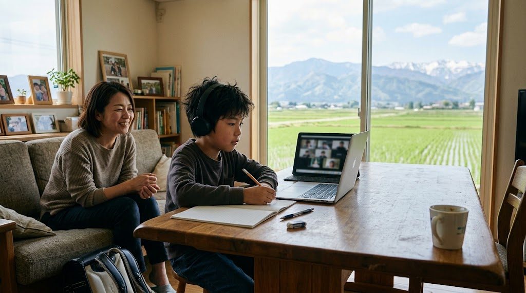福井の田園と山並みが見える自宅リビングで、子どもがノートパソコンでオンライン授業を受け、そばで母親が穏やかに見守る様子