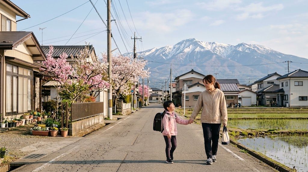 残雪の吾妻連峰を望む福島の通学路を、ランドセルを背負った子どもと母親が手をつないで歩く春の朝の風景