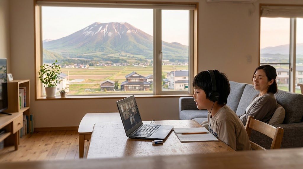 磐梯山が見える福島の自宅リビングで、子どもがノートパソコンでオンライン授業を受け、そばで母親が穏やかに見守る様子