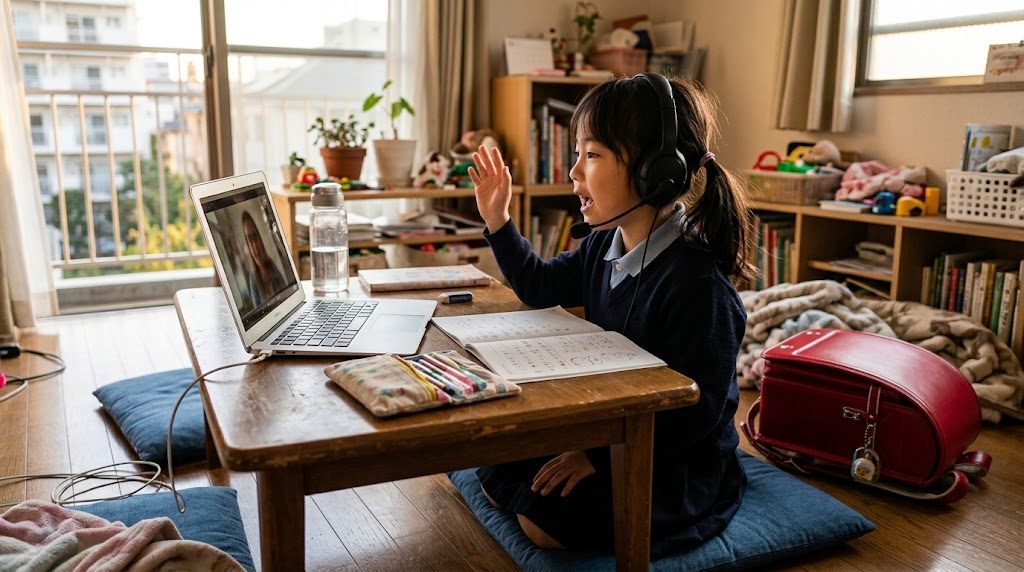 A primary school child taking an online lesson on a laptop in the living room at home