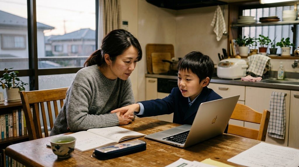 放課後のダイニングで、母親と小学生の子どもがノートパソコンを一緒に見ながら習い事について話している温かい情景