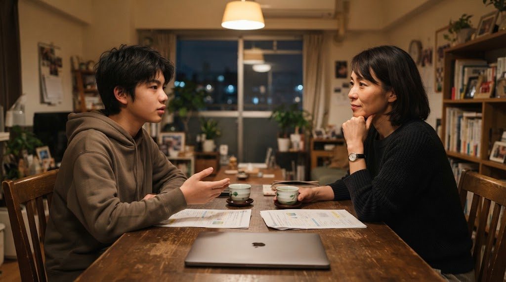 日本の自宅のダイニングで進路について話す母親と中学生の子ども