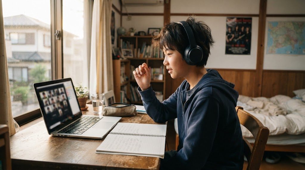 日本の自宅で中学生がノートパソコンに向かい英語の授業を受けている場面
