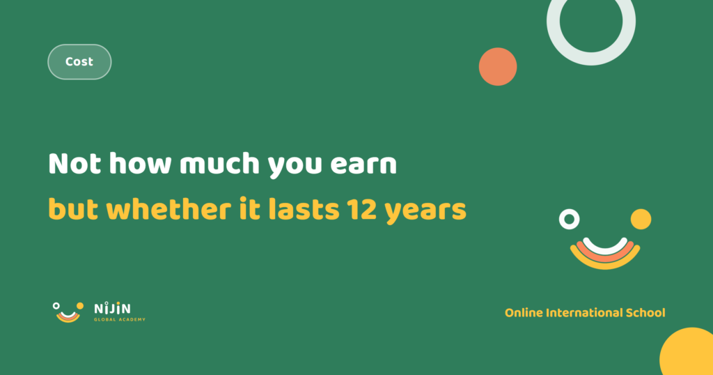 Key visual for how much household income an international school needs, with the label Cost and the phrase not how much you earn but whether it lasts 12 years
