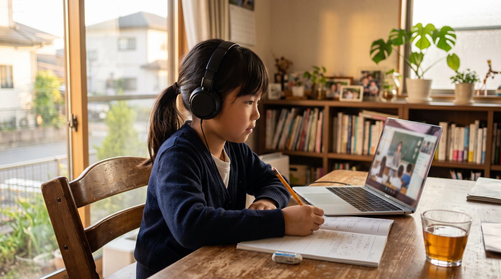 日本の家庭のリビングで、小学生の子どもがノートパソコンに向かってオンラインの授業を受けている様子