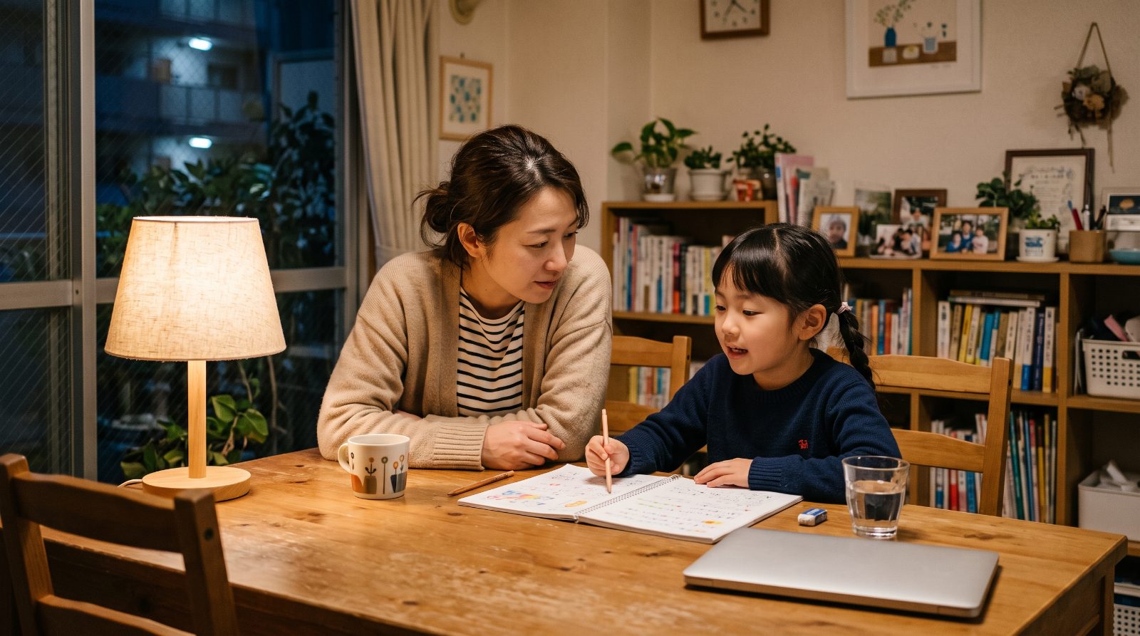 放課後のダイニングテーブルで、母親と小学生の子どもが学校選びについて話し合っている様子