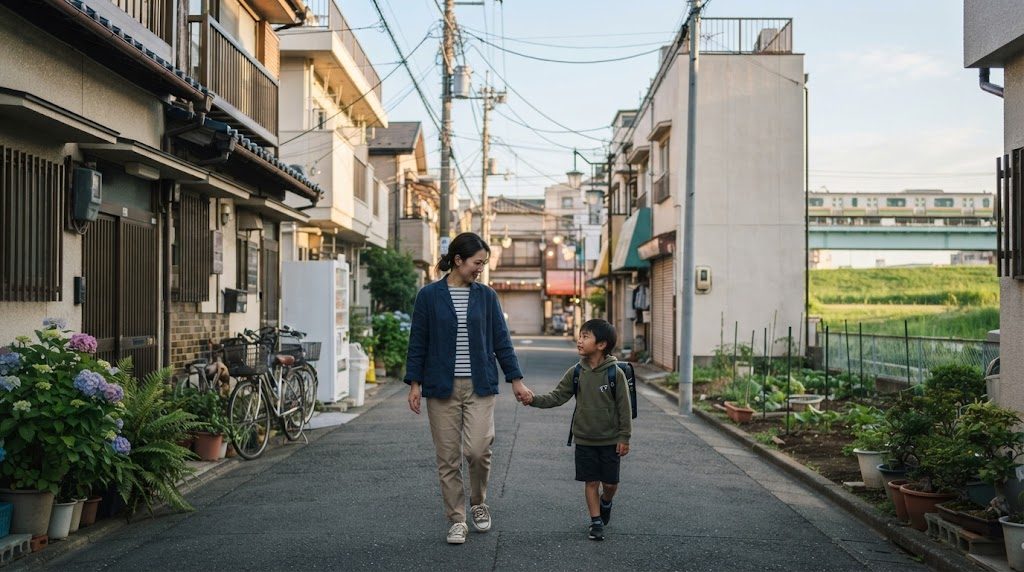 朝の板橋区の住宅街を、通学かばんを持った子どもと親が並んで駅へ向かって歩く様子