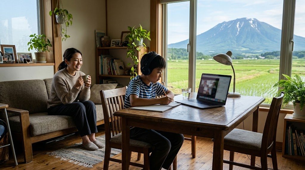 岩手山が見える岩手の自宅リビングで、子どもがノートパソコンでオンライン授業を受け、そばで母親が穏やかに見守る様子