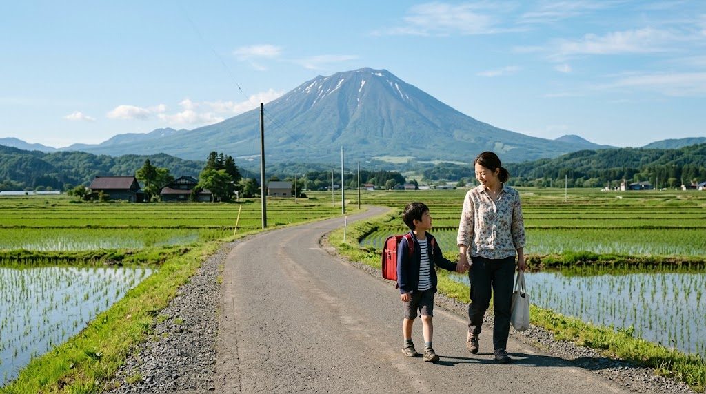 岩手山を望む岩手県の田園の通学路を、ランドセルを背負った子どもと母親が手をつないで歩く朝の風景