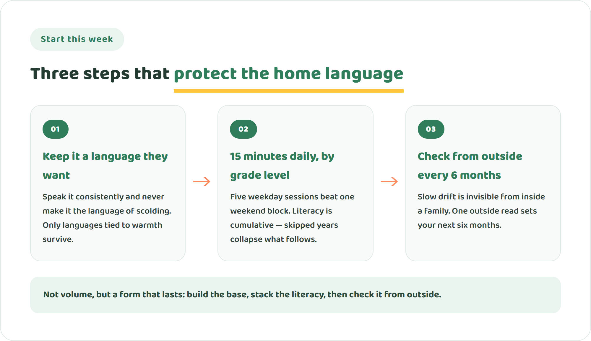 Infographic of three steps for families: keep the home language a language your child wants to use, build 15 minutes of literacy daily by grade level, and check age-level progress with an outside opinion every six months
