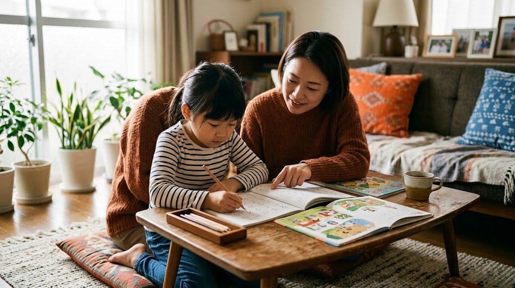 自宅のリビングで、絵本とドリルを広げて親子で日本語の読み書きに取り組む様子