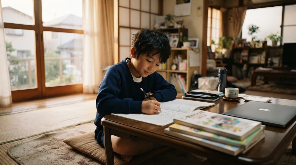 日本の自宅で漢字ドリルとノートを広げて学ぶ小学生の様子