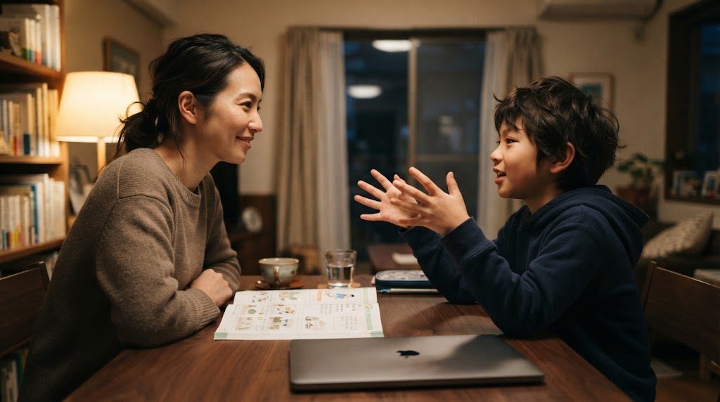 夕方のリビングで子どもの話を聞く親と、机に置かれた教科書