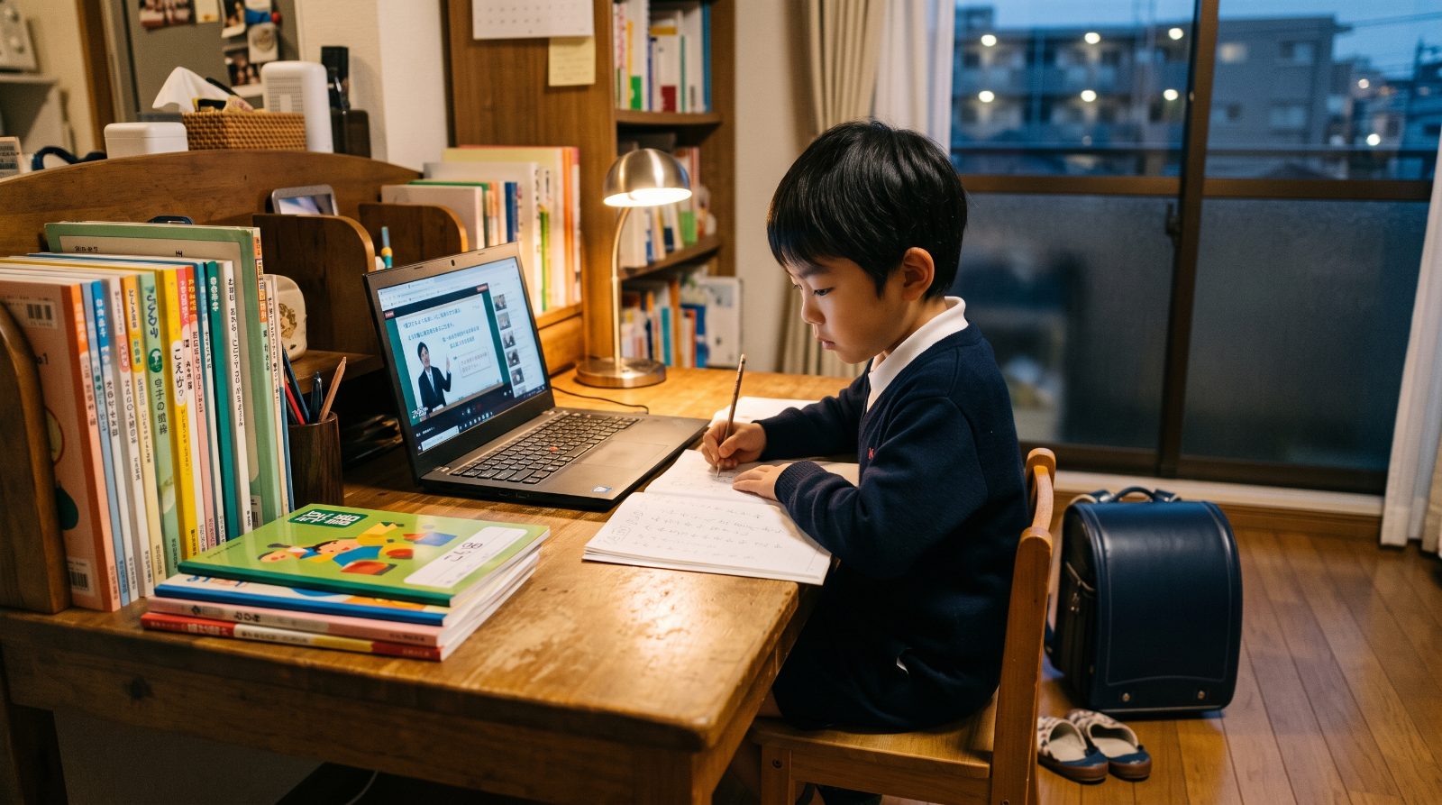 日本の家庭で、塾から帰った小学生が机に向かい、テキストとノートパソコンを並べて学習している夕方の情景