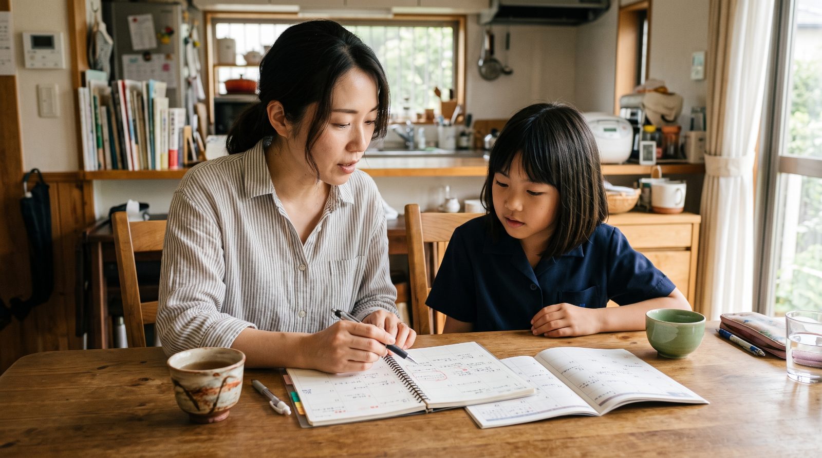 日本の家庭のダイニングで、親子が週間スケジュールを見ながら学習の予定を相談している穏やかな情景
