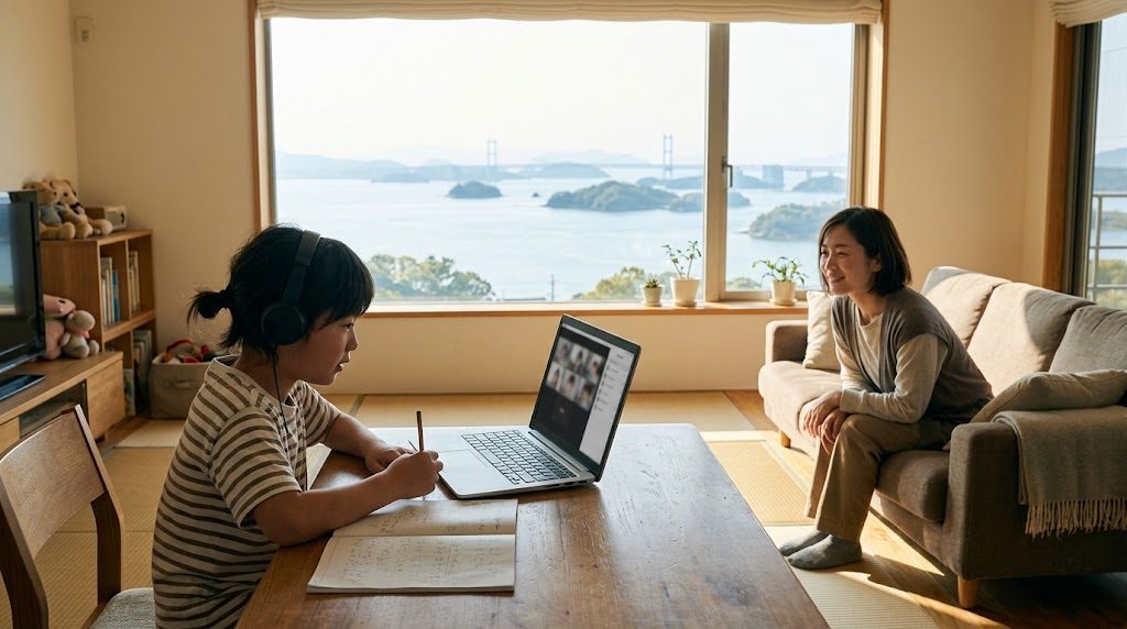 瀬戸内海の見える香川の自宅リビングで、子どもがノートパソコンでオンライン授業を受け、そばで母親が穏やかに見守る様子