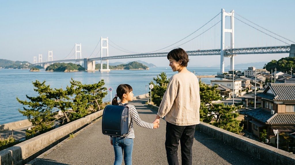 瀬戸大橋を望む香川県の海沿いの道を、通学かばんを背負った子どもと母親が手をつないで歩く朝の風景