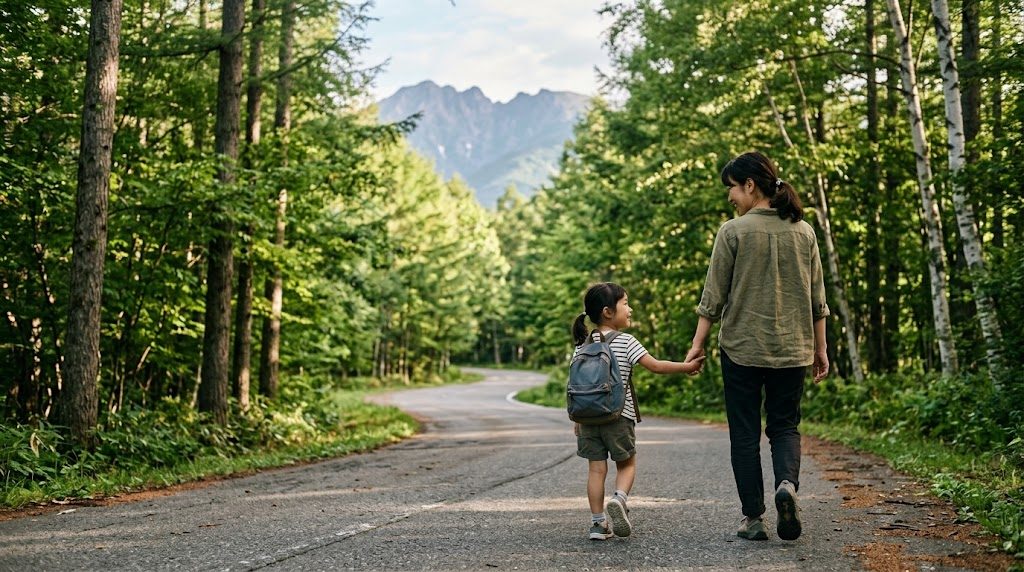 A parent and child walking side by side along a larch-lined road in Karuizawa on a bright morning, school bag in hand, with the ridge of Mount Asama in the distance