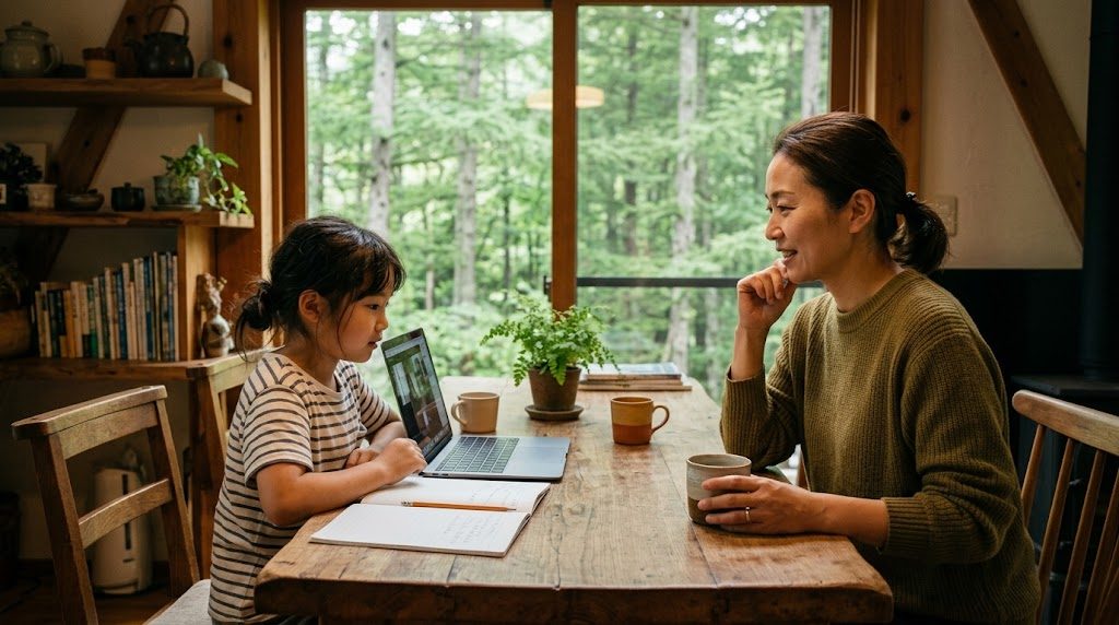 A child taking an online class on a laptop at a wooden table in a Karuizawa home, a parent sitting nearby, forest visible through the window