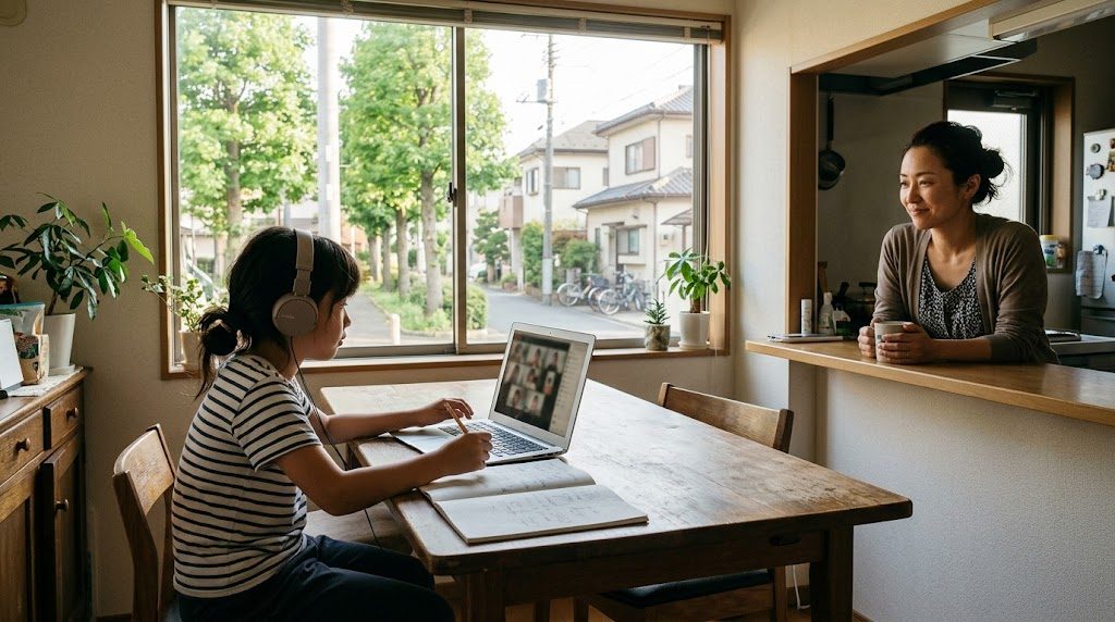 武蔵野市の自宅で、子どもがオンライン授業を受けるそばで親が穏やかに見守る様子