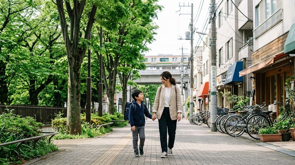 朝の吉祥寺・井の頭公園そばの並木道を、通学かばんを持った子どもと親が並んで歩く様子
