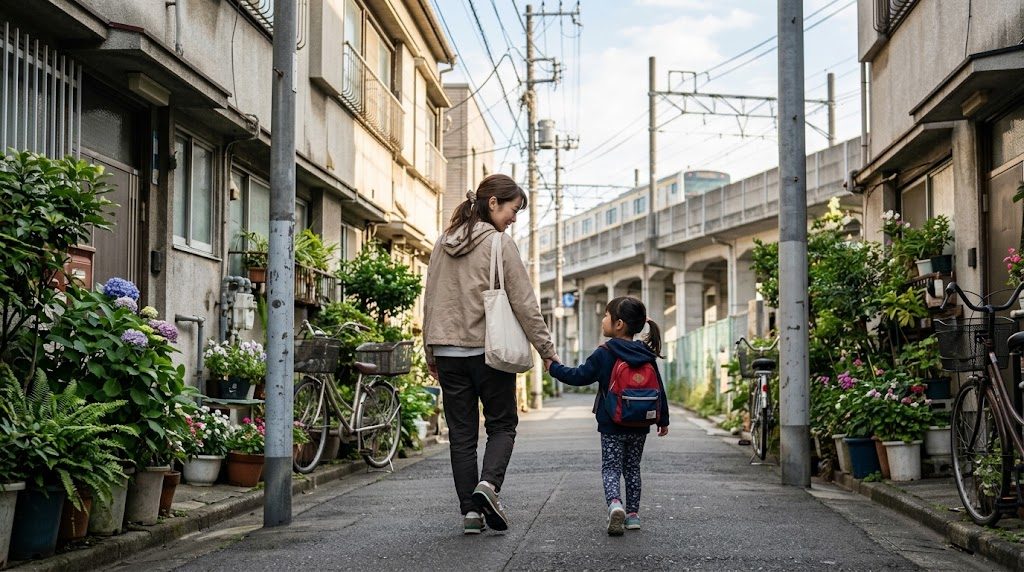 東京都北区の赤羽エリアの街並みを背景に、通学路を歩く親子