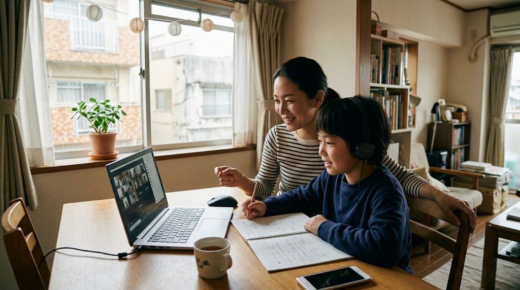 自宅のダイニングテーブルでノートパソコンを開き、保護者と一緒にオンライン授業を受ける子ども