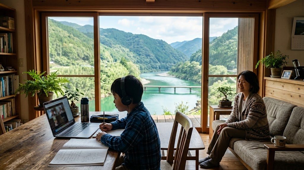 山と川が見える高知の自宅リビングで、子どもがノートパソコンでオンライン授業を受け、そばで母親が穏やかに見守る様子