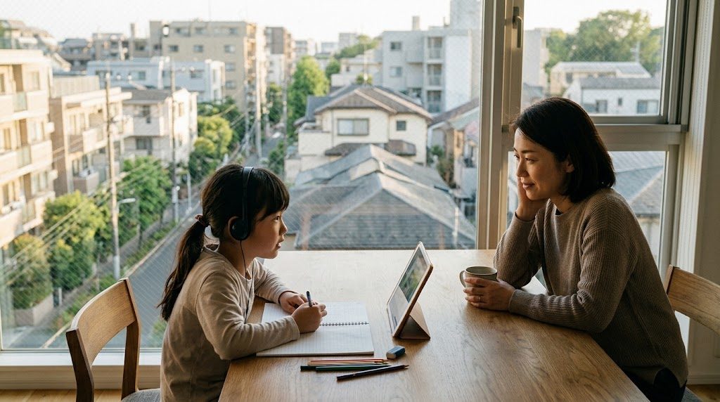 目黒区のマンションの自宅で、子どもがタブレットでオンライン授業を受けるそばで親が穏やかに見守る様子