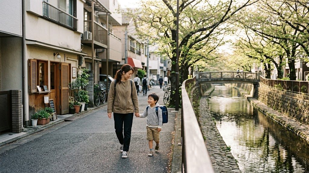 朝の目黒区・中目黒の目黒川沿いの桜並木の道を、通学かばんを持った子どもと親が並んで歩く様子