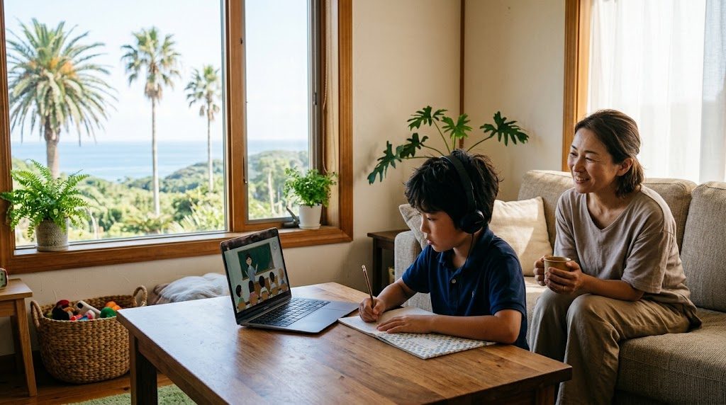ヤシの木が見える宮崎の自宅リビングで、子どもがノートパソコンでオンライン授業を受け、そばで母親が穏やかに見守る様子