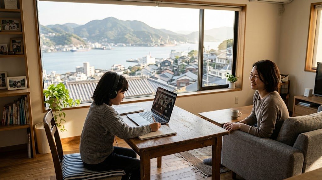 長崎の港が見える自宅リビングで、子どもがノートパソコンでオンライン授業を受け、そばで母親が穏やかに見守る様子