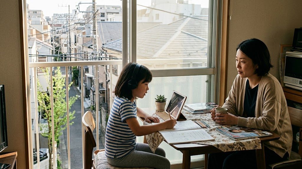中野区の集合住宅の一室で、子どもがタブレットでオンライン授業を受けるそばで親が穏やかに見守る様子